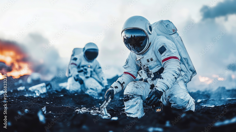 Fototapeta premium Lunar Exploration: Astronauts on a desolate planet examining debris after a crash, facing challenge and uncertainty