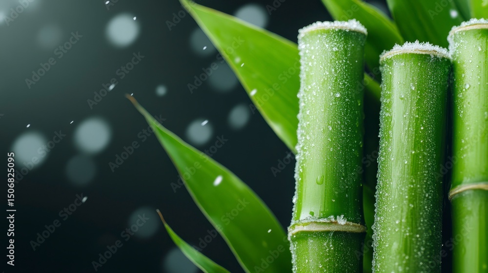 Obraz premium Frosted Bamboo Stalks Surrounded by Lush Green Leaves Against a Soft Focus Background