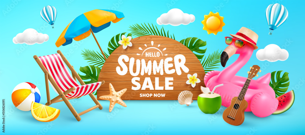 Naklejka premium Summer sale banner template with inflatable flamingo, beach chair, tropical fruits, ukulele, coconut drink, palm leaves,sunshine and Summe sale wooden signboard, Promotion template for summer sale