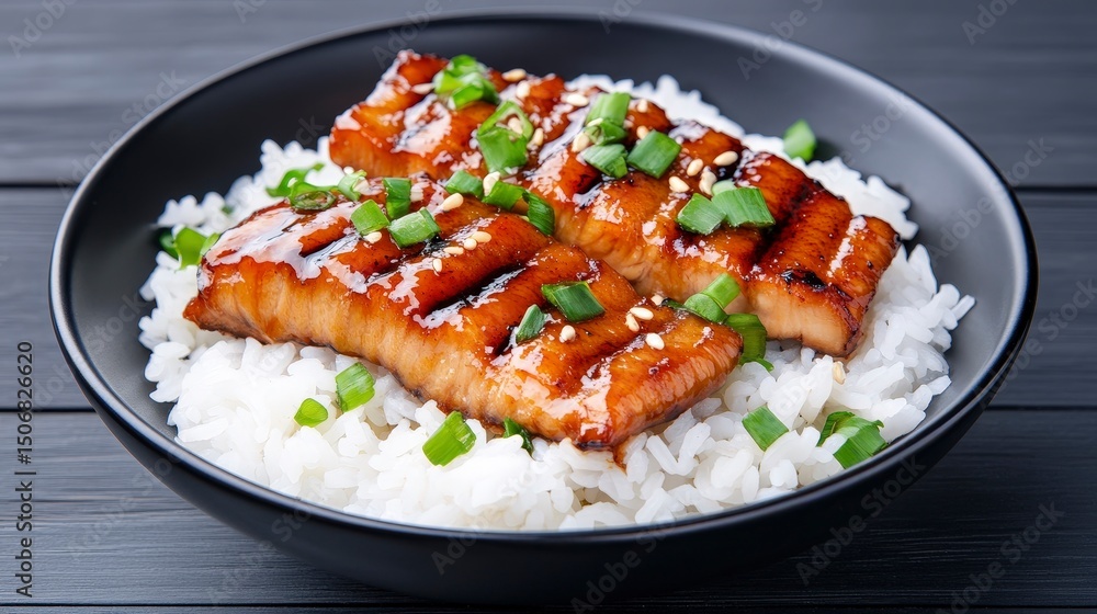 Grilled Glazed Eel Over Steamed Rice with Green Onions and Rich Teriyaki Sauce Garnish Grilled Glazed Eel Over Steamed Rice with Green Onions and Rich Teriyaki Sauce Garnish