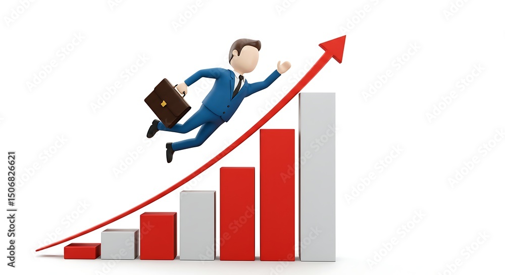 Cartoon Businessman Soaring on Red Arrow Above Rising Bar Graph Cartoon Businessman Soaring on Red Arrow Above Rising Bar Graph