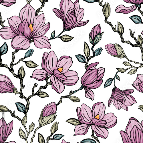 Seamless vector pattern with blooming magnolia isolated on choppy background. Vintage painting style illustration.
