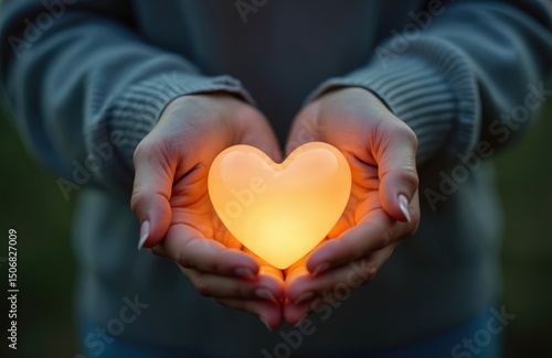 Woman hands tenderly hold glowing heart. Symbol love compassion, care, hope. Romance, Valentine Day, human connection, emotional warmth. Gift of sharing, charity, positive energy.