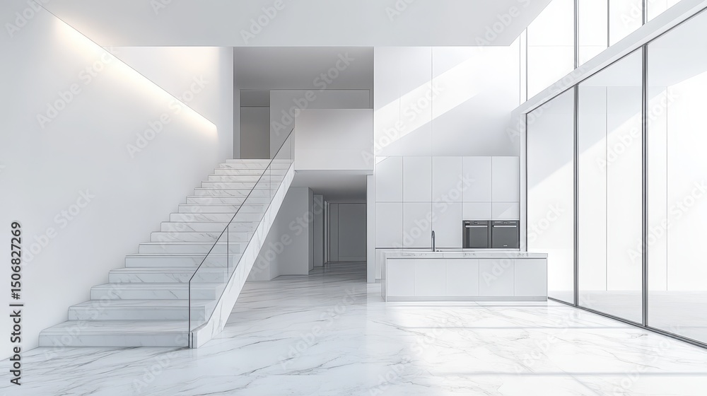 Fototapeta premium Minimalist white architectural interior with geometric shadows