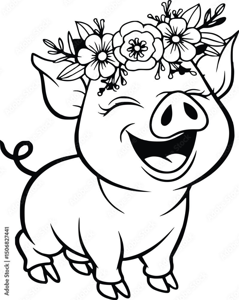 Fototapeta premium Cute Pig Svg, Piglet With Flower Design 