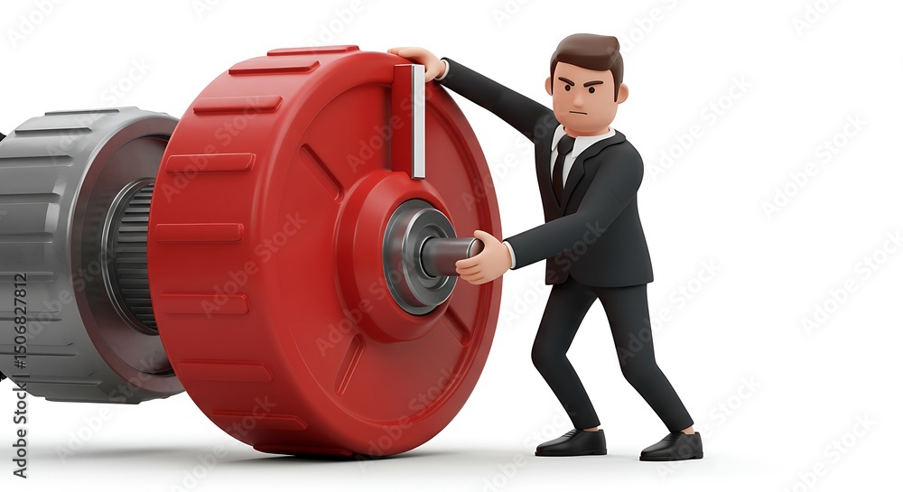 Fototapeta premium Determined Businessman Struggles to Turn a Large Red Wheel Again