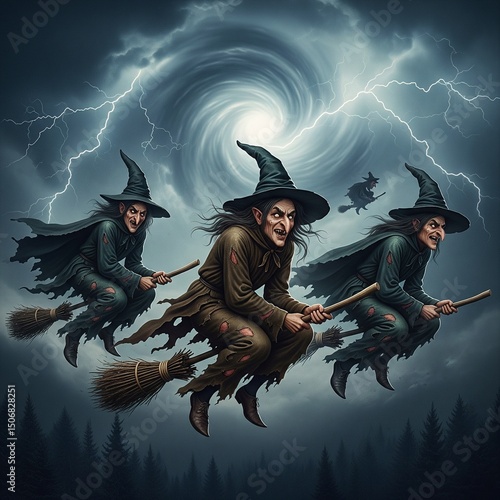 halloween witch flying on broom