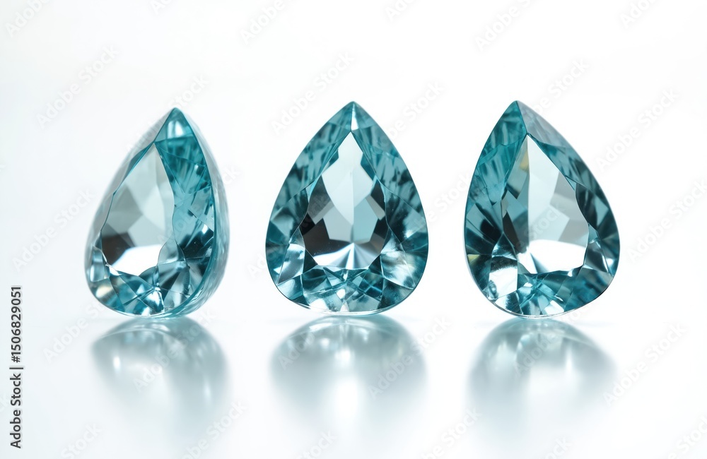Macro shot aquamarine gems with pear shape, faceted cut. Precious gemstones of blue color with reflections. Expensive luxury shiny crystals on transparent bright background. Macro shot aquamarine gems with pear shape, faceted cut. Precious gemstones of blue color with reflections. Expensive luxury shiny crystals on transparent bright background.
