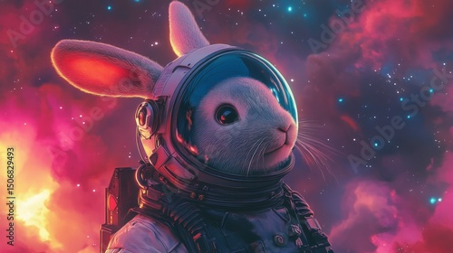 Futuristic Bunny Pilot in Space Helmet Amidst a Colorful Cosmic Background