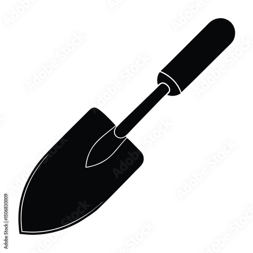 Black and White Illustration of a Gardening Trowel with Handle on White Background