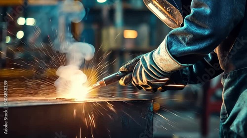 Welding sparks, close-up view of a welder at work in a factory