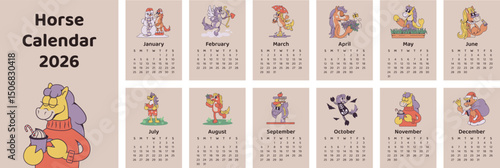 Horse character themed calendar for 2026