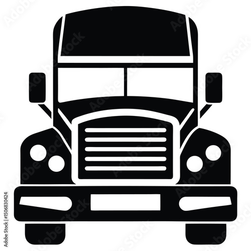 Black and White Semi Truck Illustration Featuring Headlights, Mirrors, and Grill Design
