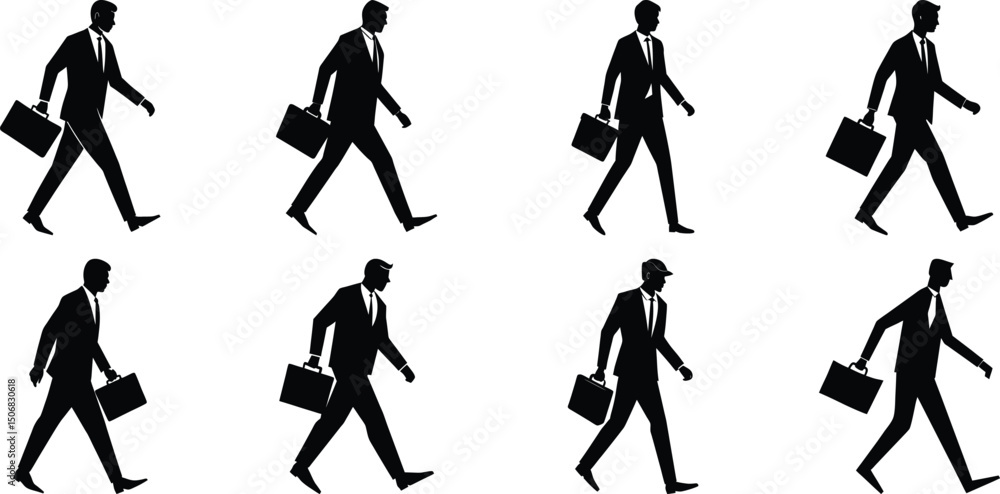 Fototapeta premium Businessperson walking silhouette set. Bundle of business figure vector on transparent background