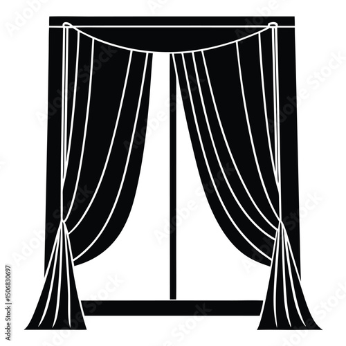 Black and White Window with Curtains Draped to the Side, Simple Silhouette Style