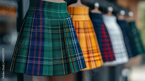 Close-Up View of Colorful Scottish Kilts Displayed with Variety of Accessories in a Shop Setting