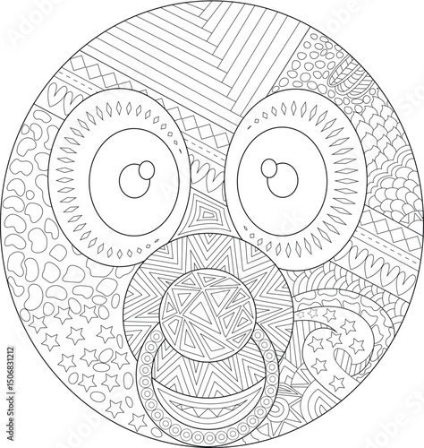 Intricate Patterned Emoji Face Line Art, Black and white line art illustration of a circular form resembling an emoji face, filled with various detailed geometric and organic patterns including 