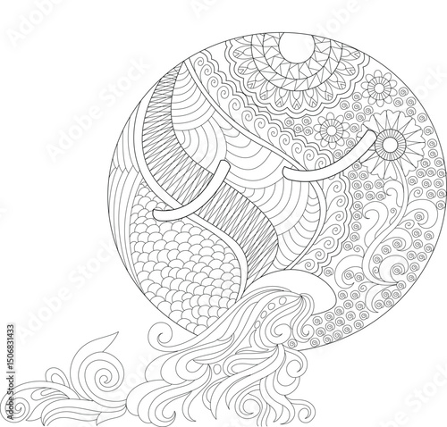 Abstract Sun and Face Zentangle Coloring Page, Black and white line art illustration for coloring book, featuring an intricate circular design with sun and floral patterns, stylized face below, and 