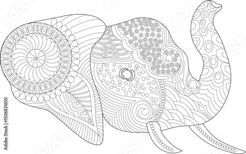 Ornate Abstract Elephant Line Art for Coloring, Detailed black and white outline illustration of an elephant filled with intricate abstract patterns, perfect as a coloring page for adults or a 