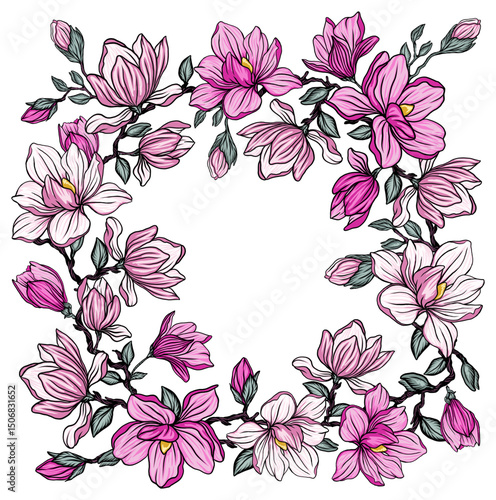 Magnolia flower wedding invitation template, with highly detailed, vector, realistic spring flowers.