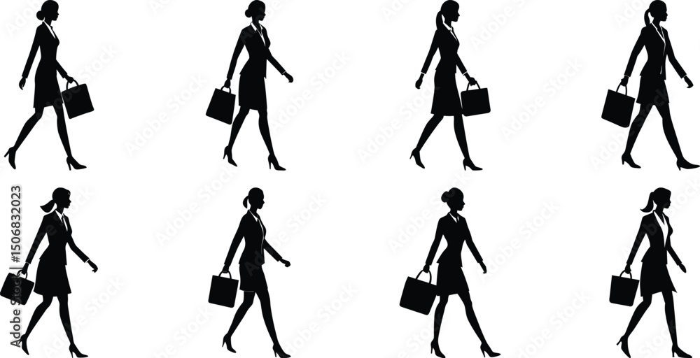 Fototapeta premium Businessperson walking silhouette set. Bundle of business figure vector on transparent background