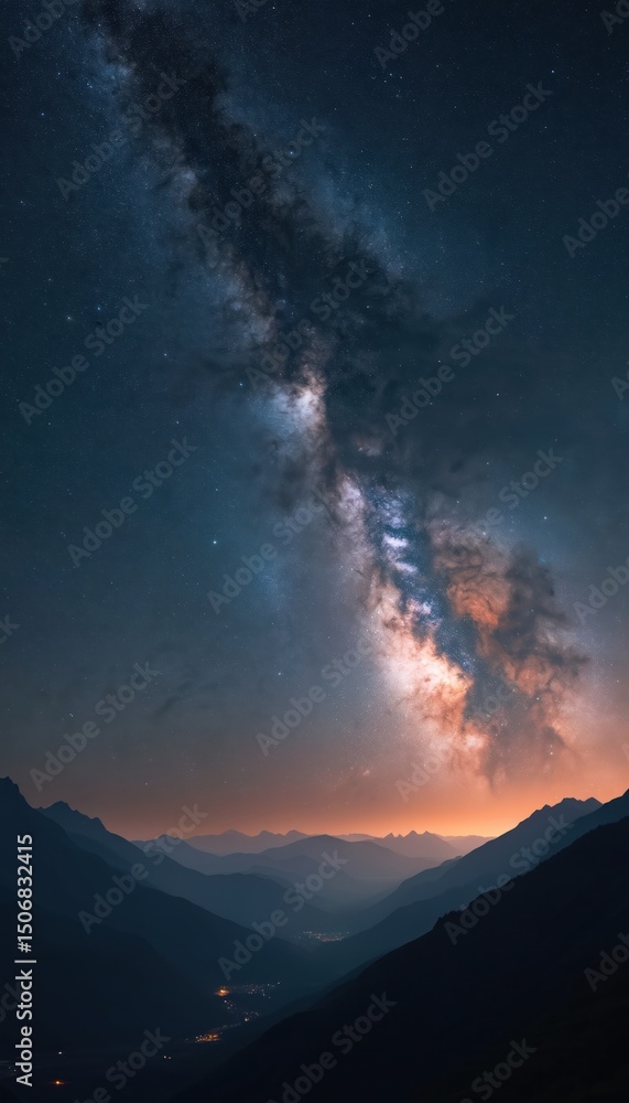 Fototapeta premium Stunning view of Milky Way galaxy above silhouette mountains at night. Starry sky background with bright stars, constellations, space dust. Perfect for background, wallpaper, travel blog.