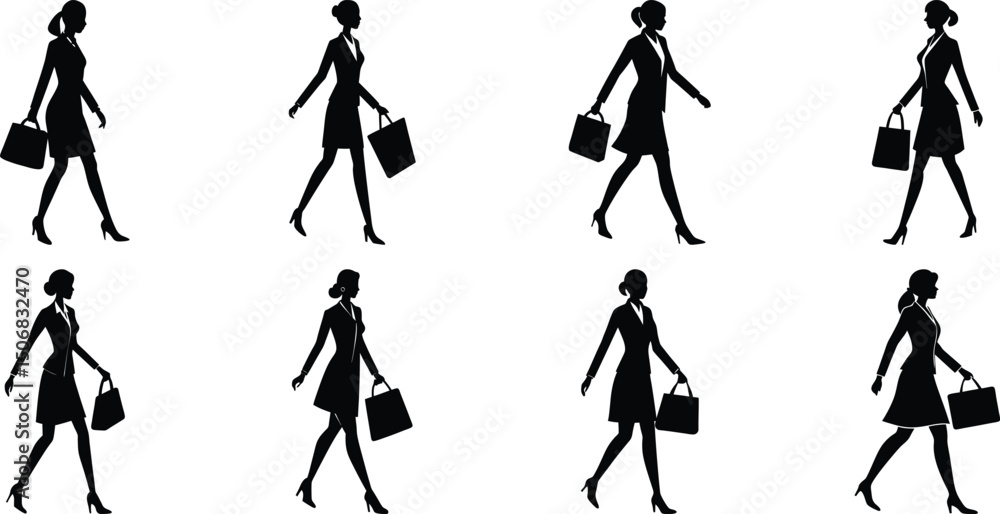 Fototapeta premium Businessperson walking silhouette set. Bundle of business figure vector on transparent background