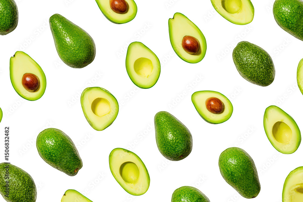 Fresh avocado fruits and slices are beautifully arranged against transparency background, showcasing their vibrant green color and rich texture. This visually appealing layout highlights healthy