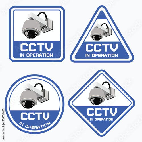 This image displays a set of four CCTV dome camera warning signs in a clean blue and white color scheme. Each sign features a different shape square,triangle,circle,and diamond. 
