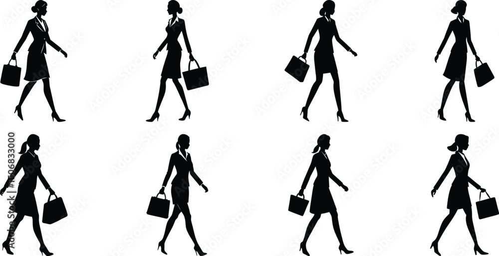 Fototapeta premium Businessperson walking silhouette set. Bundle of business figure vector on transparent background