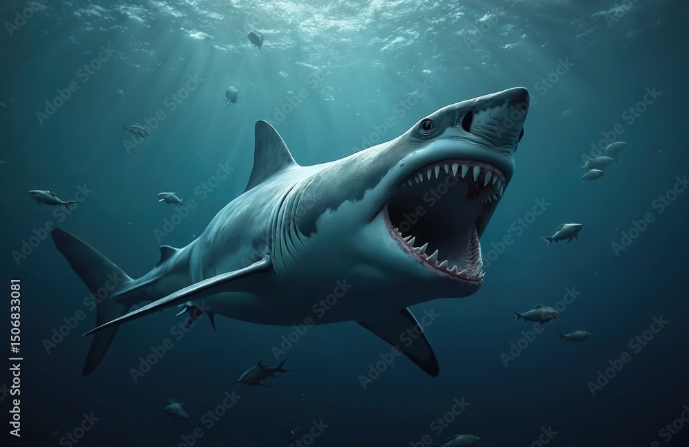 Naklejka premium Great white underwater with open jaws. Predator marine life, attack, ocean wildlife concept, sea danger. Aquatic animal with teeth, marine life at depth. Blue sea water background.