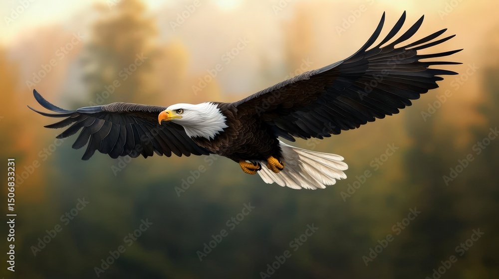 Fototapeta premium Realistic Watercolor Bald Eagle Flying Above a Forest Landscape in Warm Tones