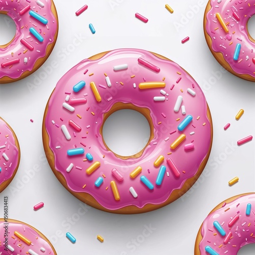 Multiple donuts with shiny pink icing and a variety of colorful sprinkles are arranged over a white background, creating a bright and playful pattern of sweet treats.