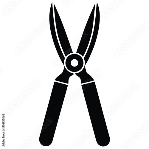 Black Silhouette of Garden Shears, Gardening Tool, Pruning Scissors, CloseUp Icon Style