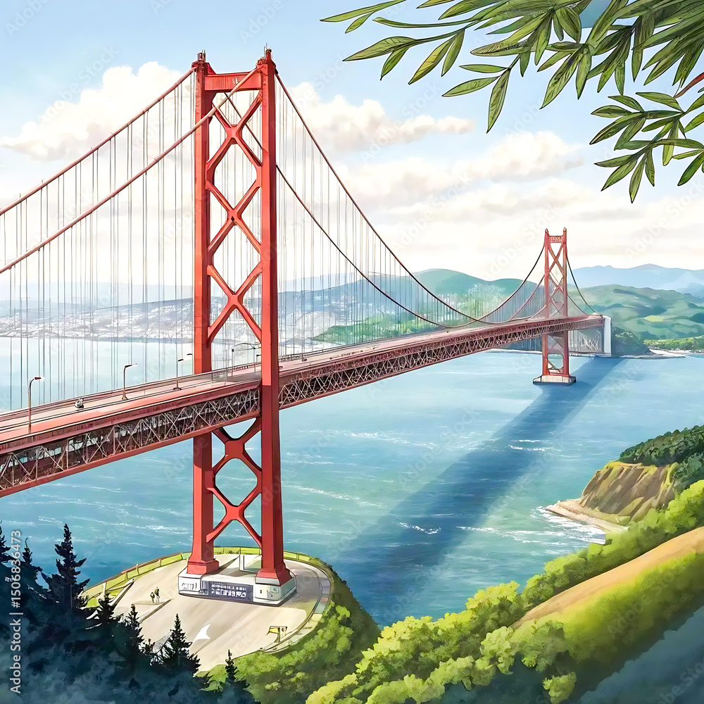 Naklejka premium Red Suspension Bridge Over Water