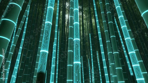 A futuristic bamboo forest, with glowing teal accents and circuit board patterns