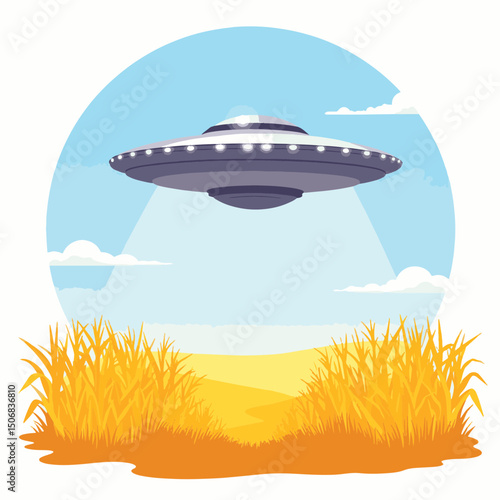 Sleek UFO hovering over golden cornfield under clear blue sky, intrigue
