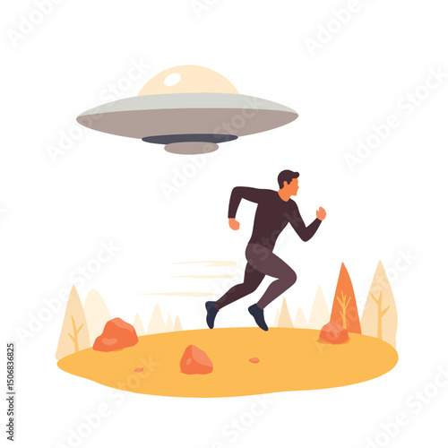 Man running from UFO in minimalist landscape, urgency and pursuit