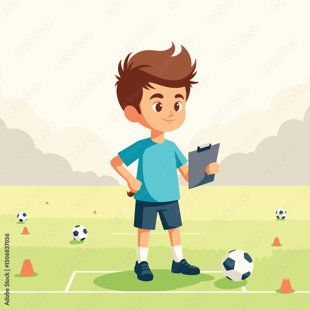 Fototapeta premium Young boy coaching soccer team on sports field, teamwork and guidance
