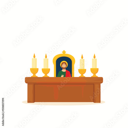Ornate icon on wooden altar with candles, spiritual reflection