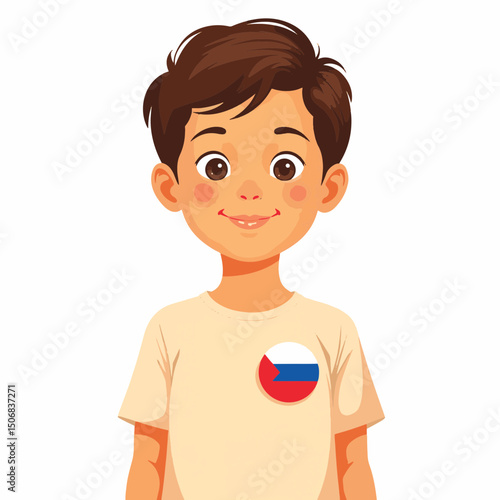 Cheerful young boy wearing flag badge on shirt, national pride