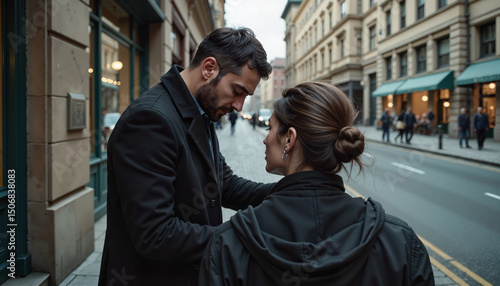 Man walking away from partner while talking on urban street  
