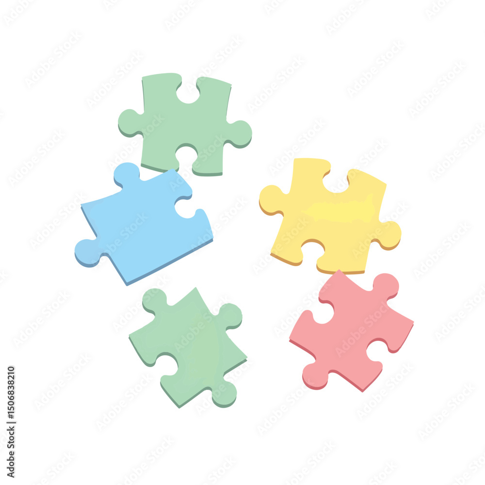 Colorful puzzle pieces scattered on white surface, playful curiosity Colorful puzzle pieces scattered on white surface, playful curiosity