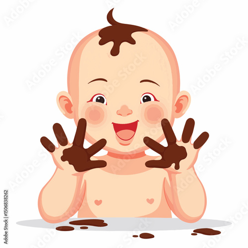 Happy baby with chocolate-smeared fingers on white surface, playful innocence