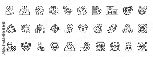 Public health related outline icon set. Containing community health, disease prevention, health protection, medical services, health awareness, hygiene, global health and more. Linear icon collection.