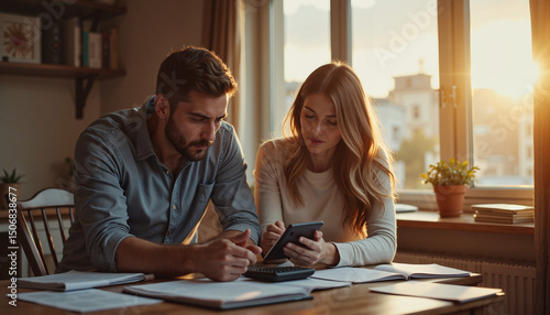Couple arguing over finances while sitting at home during sunset  