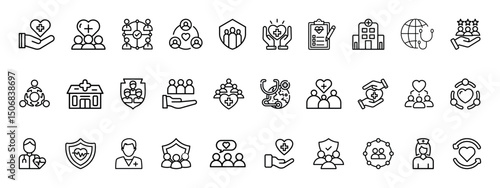 Public health related outline icon set. Containing community health, disease prevention, health protection, medical services, health awareness, hygiene, global health and more. Linear icon collection.