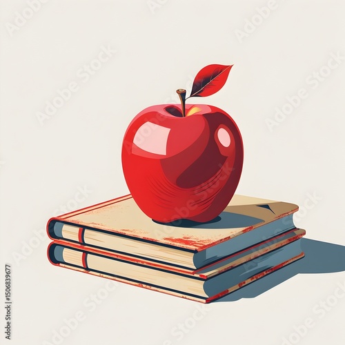 Illustration of a red apple placed on stacked books. Ideal for educational materials, school projects, teaching content, and academic design
