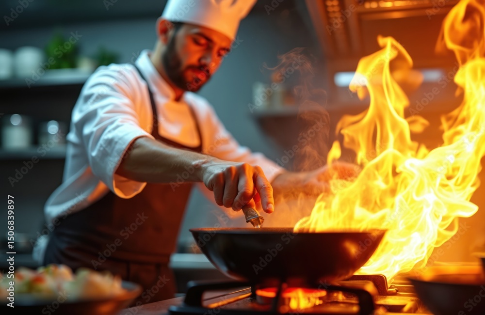 Chef cooks with flame in frying pan on stove. Cooking process with fire, pro kitchen. Focus on flames, intense heat. Skill and expertise of chef in action. Gastronomy and food preparation. Chef cooks with flame in frying pan on stove. Cooking process with fire, pro kitchen. Focus on flames, intense heat. Skill and expertise of chef in action. Gastronomy and food preparation.
