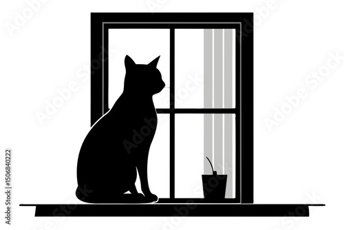 Cat Silhouette on Windowsill Minimalist Design